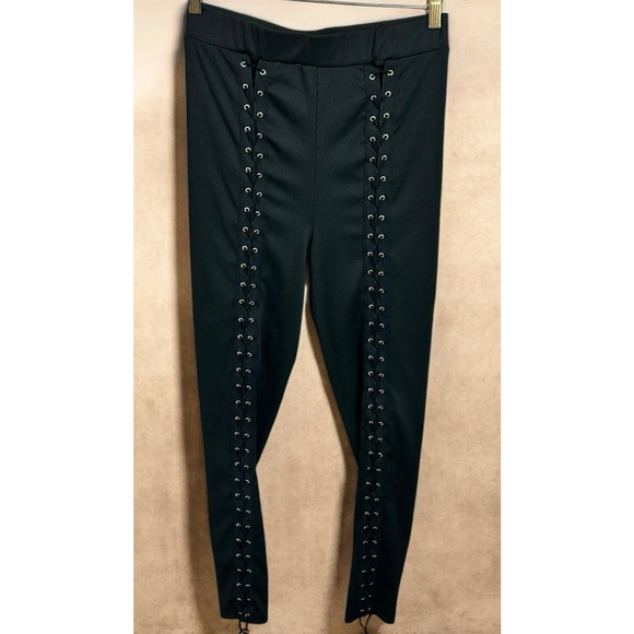 Shein Black Lace Up Leggings Sz Large Stretch Ribbed Adjustable Cutout New - Picture 3 of 7